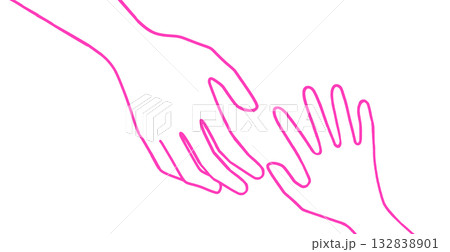 親子、または大人と子供、手をつなごうとするイラスト、白バック 132838901