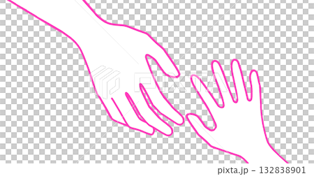 親子、または大人と子供、手をつなごうとするイラスト、白バック 132838901