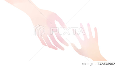 親子、または大人と子供、手をつなごうとするイラスト、淡い色味、白バック 132838902