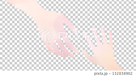 親子、または大人と子供、手をつなごうとするイラスト、淡い色味、白バック 132838902