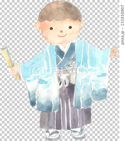 七五三　羽織袴を着る男の子のイラスト　ベクター　 132838907