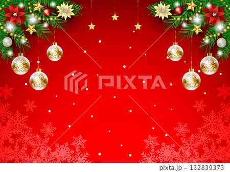 クリスマス背景、雪の結晶、赤、オーナメント、かわいい、イラスト、横 132839373