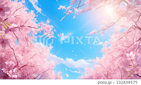 桜並木と太陽の光、アニメ風 132839575