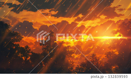 夕方の太陽の光と強い雨、アニメ風 132839593