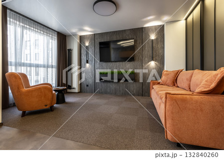 Contemporary Living Room with Orange Sofa and Large Window Contemporary Living Room with Orange Sofa and Large Window 132840260