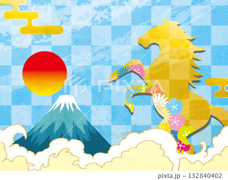 年賀状、馬、午、午年、正月、富士山、富士、和風、イラスト、初日の出、新年、日の出、年賀 132840402