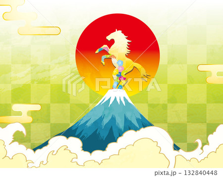 年賀状、馬、午、午年、正月、富士山、富士、和風、イラスト、初日の出、新年、日の出、年賀 年賀状、馬、午、午年、正月、富士山、富士、和風、イラスト、初日の出、新年、日の出、年賀 132840448
