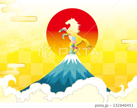 年賀状、馬、午、午年、正月、富士山、富士、和風、イラスト、初日の出、新年、日の出、年賀 年賀状、馬、午、午年、正月、富士山、富士、和風、イラスト、初日の出、新年、日の出、年賀 132840451