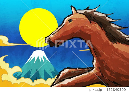年賀状、馬、午、午年、正月、富士山、富士、和風、イラスト、初日の出、新年、日の出、年賀 132840590