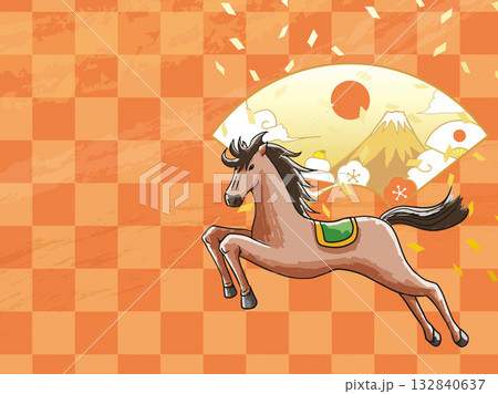 年賀状、馬、午、午年、正月、富士山、富士、和風、イラスト、初日の出、新年、日の出、年賀 132840637