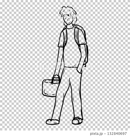 Young boy carrying luggage and backpack cartoon outline illustration Young boy carrying luggage and backpack cartoon outline illustration 132840697
