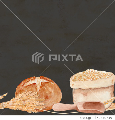 Rustic bread, wheat, grain sack, and wooden scoop. Hand-painted watercolor sourdough seamless border in warm tones, perfect for bakery logos, packaging, kitchen decor, or farm designs. Gray background 132840739
