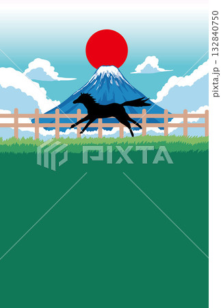 年賀状、馬、午、午年、正月、富士山、富士、和風、イラスト、初日の出、新年、日の出、年賀 132840750