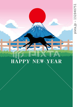年賀状、馬、午、午年、正月、富士山、富士、和風、イラスト、初日の出、新年、日の出、年賀 132840751