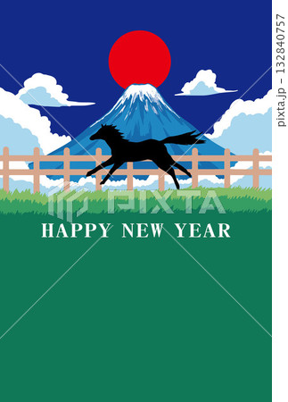 年賀状、馬、午、午年、正月、富士山、富士、和風、イラスト、初日の出、新年、日の出、年賀 132840757