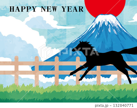 年賀状、馬、午、午年、正月、富士山、富士、和風、イラスト、初日の出、新年、日の出、年賀 年賀状、馬、午、午年、正月、富士山、富士、和風、イラスト、初日の出、新年、日の出、年賀 132840771