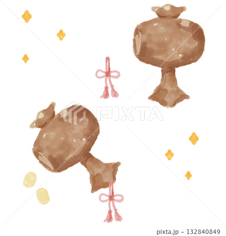 水彩の打ち出の小槌（木製）／やわらかい和風の縁起物イラスト 132840849
