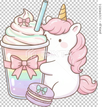 A cute cartoon unicorn with a colorful milkshake and aron 132840851