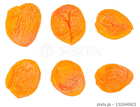 A set of six dried apricots fruits with pits, isolated on a white background with cut-out, clipped path, in two rows of decreasing size. A template for designers, flat lay 132840922