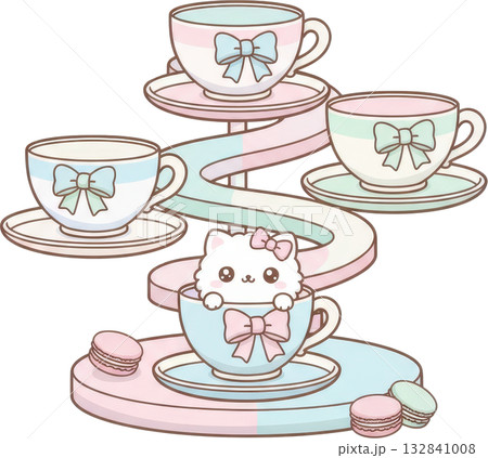Cute Cat and Teacups on Whimsical Dessert Stand Cute Cat and Teacups on Whimsical Dessert Stand 132841008