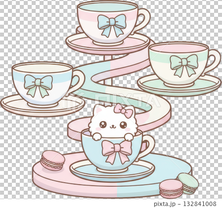 Cute Cat and Teacups on Whimsical Dessert Stand Cute Cat and Teacups on Whimsical Dessert Stand 132841008