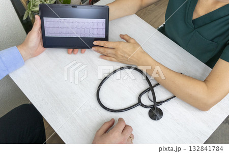 Shot of the female doctor in uniform showing the cardiogram on the tablet to the patient 132841784
