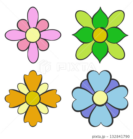 Flower daisy icon set, linear colourful decorative isolated shape collection, hand drawn brush pen flat doodle style design, black ink marker line, modern sign, floral cute fun vector illustration 132841790