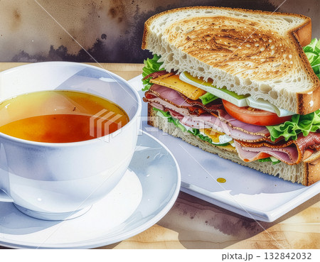 水彩画風 ボリュームたっぷりクラブハウスサンドとスープのランチ 水彩画風 ボリュームたっぷりクラブハウスサンドとスープのランチ 132842032