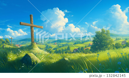 青々とした草原の墓地の十字架、アニメ風 132842145