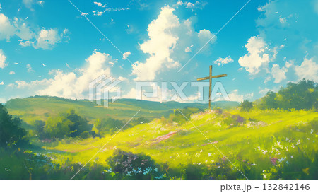 草原の1つの十字架、アニメ風 132842146