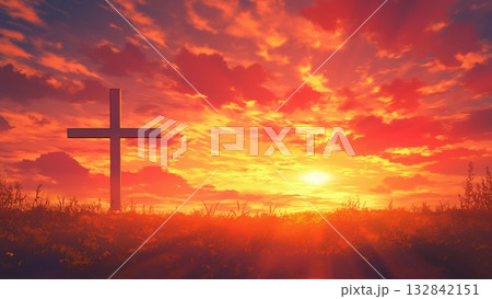 真っ赤な夕焼けと十字架のシルエット、アニメ風 132842151