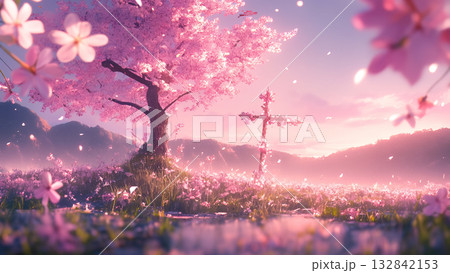 幻想的な桜と十字架、アニメ風 132842153