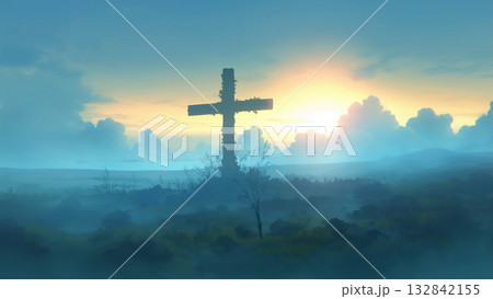 雲から太陽が覗く十字架、アニメ風 132842155