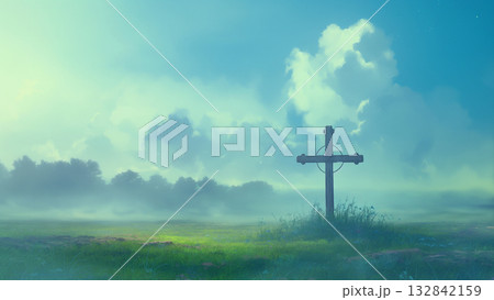 大きな雲と十字架、アニメ風 大きな雲と十字架、アニメ風 132842159