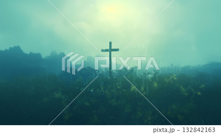 雨の中の十字架、アニメ風 雨の中の十字架、アニメ風 132842163