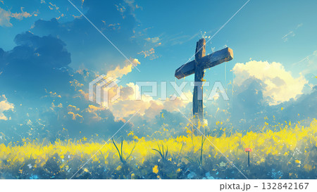 雨雲と十字架、アニメ風 132842167