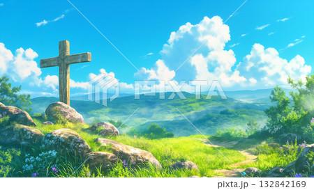 山の十字架、アニメ風 山の十字架、アニメ風 132842169