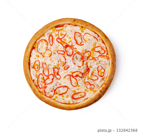 Delicious pizza topped with colorful peppers on a plain background 132842368