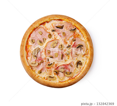 Delicious pizza with ham, mushrooms, and olives ready to be enjoyed at dinner 132842369