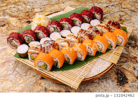 Colorful sushi platter with various rolls and toppings for a special meal 132842462