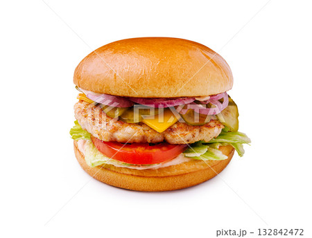Delicious grilled chicken burger with fresh toppings and soft bun Delicious grilled chicken burger with fresh toppings and soft bun 132842472