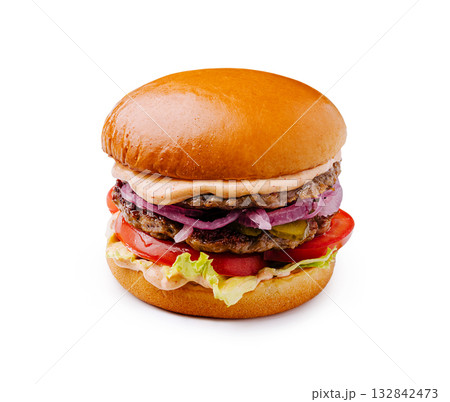 Delicious double burger with fresh toppings on a soft bun Delicious double burger with fresh toppings on a soft bun 132842473