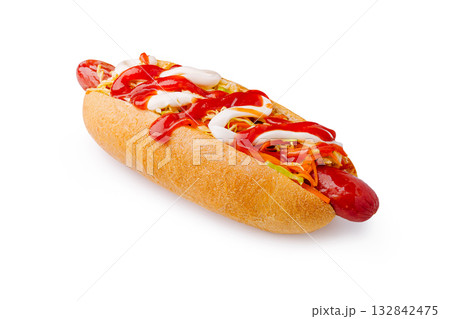 Delicious hot dog topped with colorful ingredients ready to enjoy 132842475