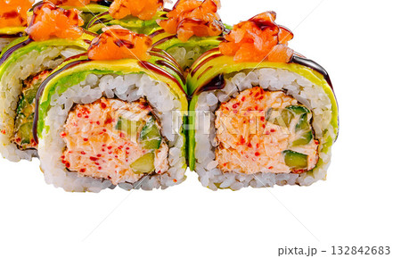 Delicious sushi rolls with salmon and avocado lying on white background Delicious sushi rolls with salmon and avocado lying on white background 132842683