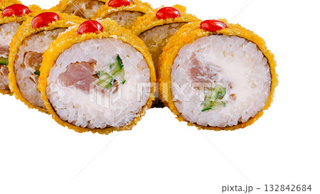 Tempura maki sushi rolls presenting filling on white background Tempura maki sushi rolls presenting filling on white background 132842684
