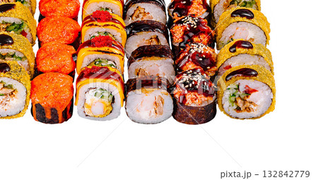 Sushi set presenting variety of japanese food with rice and fish Sushi set presenting variety of japanese food with rice and fish 132842779