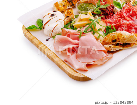 Gourmet platter featuring cured meats, cheeses, and condiments for casual dining Gourmet platter featuring cured meats, cheeses, and condiments for casual dining 132842894