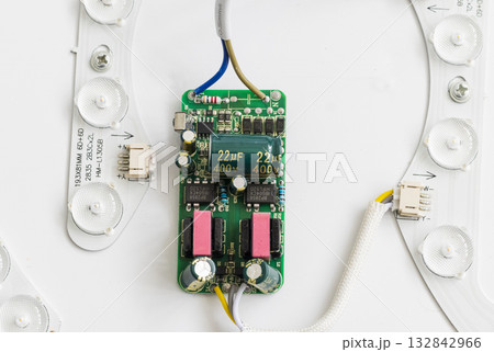 Image shows an electronic circuit board, specifically a constant current LED driver board. Image shows an electronic circuit board, specifically a constant current LED driver board. 132842966