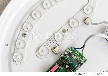 Image shows an electronic circuit board, specifically a constant current LED driver board. Image shows an electronic circuit board, specifically a constant current LED driver board. 132842968
