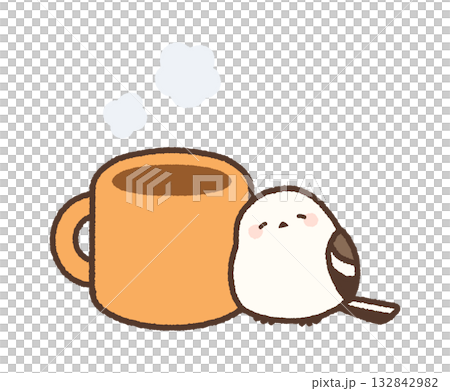 一隻長尾山雀依偎在溫暖的杯子旁 132842982